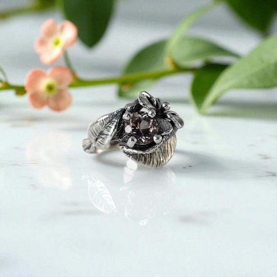 Handcrafted Hibiscus Flower Ring with Pink Morganite Gemstone in Sterling Silver