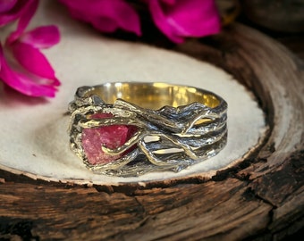 Unisex Raw Rough Ruby Twig and Branch Wedding Band - Statement Ring by DV Jewelry Designs