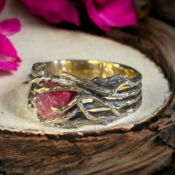 Unisex Raw Rough Ruby Twig and Branch Wedding Band - Statement Ring by DV Jewelry Designs