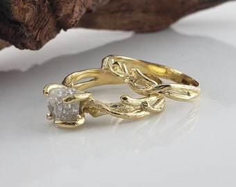 Raw Diamond Ring Bridal Set - Gold Engagement Ring - Branch Twig Setting