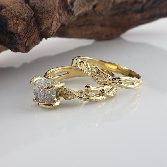 Raw Diamond Ring Bridal Set - Gold Engagement Ring - Branch Twig Setting
