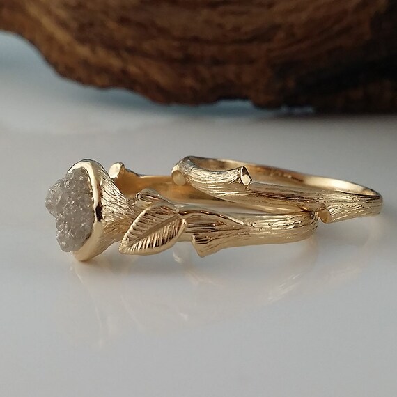 Rough Uncut Diamond Engagement Ring 14K Gold Raw Diamond Engagement Ring Twig Band Leaf Ring Diamond Wedding Ring Set Engagement Set Etsy
