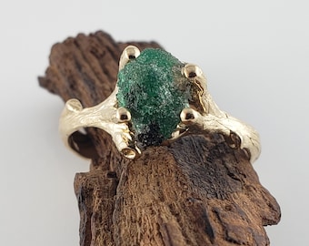 14k Yellow Gold Raw Emerald Engagement Ring - Genuine Emerald Ring - Hand-sculpted by Dawn V