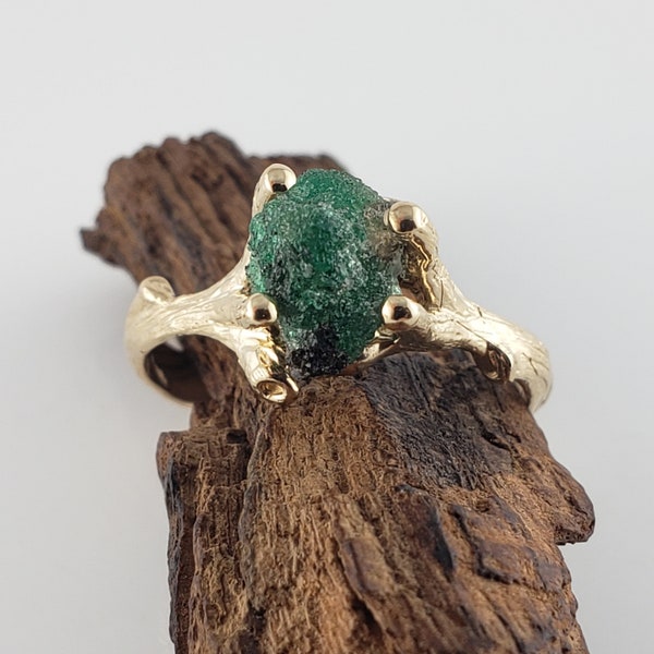 14k Yellow Gold Raw Emerald Engagement Ring - Genuine Emerald Ring - Hand-sculpted by Dawn V