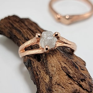Petite Rough Diamond Twig Engagement Ring in Solid Gold, Raw Diamond Bridal Set , Diamond Ring by DV Jewelry