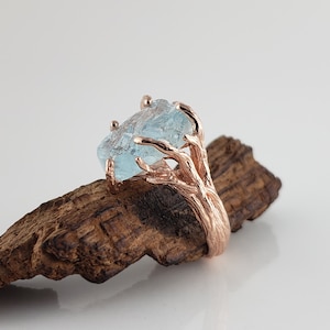 Natural Raw Aquamarine Twig Engagement Ring in 14k Rose Gold, Hand-made Tree Branch Ring - Anniversary Ring- DV Jewelry Designs