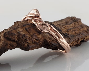 Leaf and Twig Curved Wedding Band in Solid Gold, Twig Band with Leaves, Stacking Statement Ring by DV Jewelry Designs