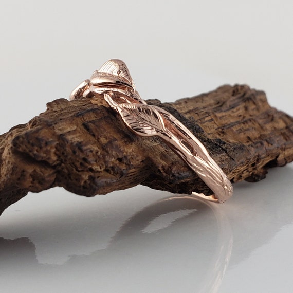 Leaf and Twig Curved Wedding Band in Solid Gold, Twig Band with Leaves, Stacking Statement Ring by DV Jewelry Designs