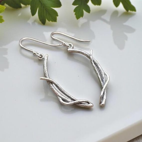 Sterling Silver Twig Earrings – Nature Woven Botanical Dangle Earrings, Valentine's Day Gift, Jewelry