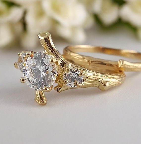 Moissanite Engagement Ring set, Hand Made Branch Style Three Round Moissanite Wedding Ring Set, bridal band set by Dawn Vertrees Engagement