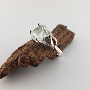 Hand Cut Aquamarine, 14k White Gold Twig Engagement Ring with 14k Rose Gold Leaves, Two Tone Wedding Ring image 3