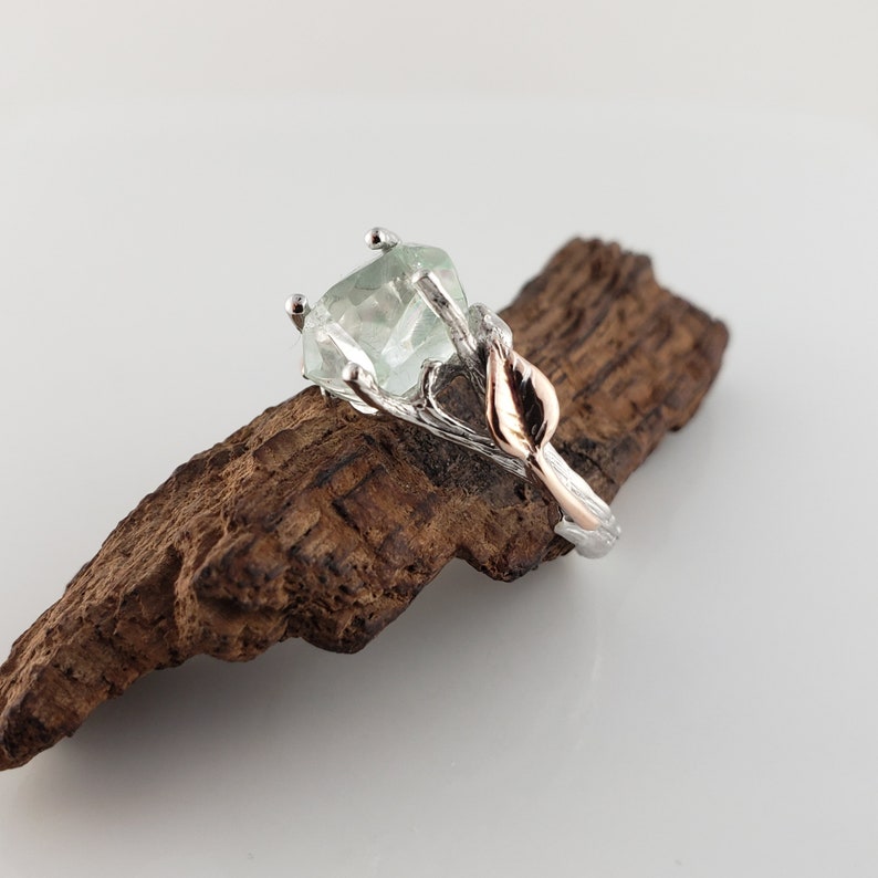 Hand Cut Aquamarine, 14k White Gold Twig Engagement Ring with 14k Rose Gold Leaves, Two Tone Wedding Ring image 3