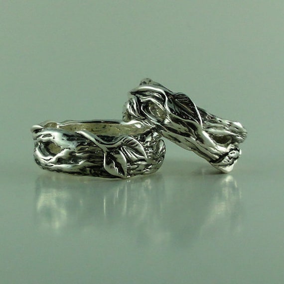 Sterling Silver Twig and Leaf Wedding Band Set, Tree Branch Wedding Set, Twig and Leaf Ring, Twig Wedding Band, Branch  Bands