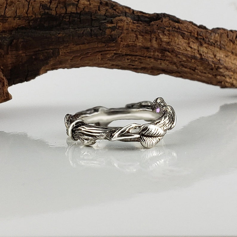 Gemstone Hand Sculpted Leaf Twig and Vine Silver Promise Ring, Eternity Ring, Oxidation, Wedding Ring, Engagement Ring by Dawn Vertrees image 4