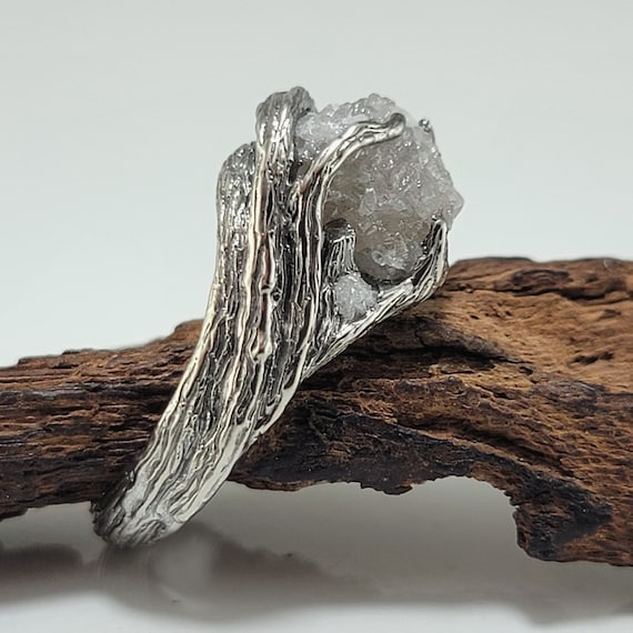 Rough Diamond Twig Engagement, Antique White Gold Branch Ring - Anniversary Ring- DV Jewelry Designs