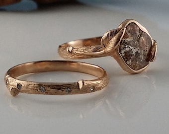Raw Diamond Twig Engagement Ring, in 14k Rose Gold Diamond Slice with Leaves (Solitaire Only)