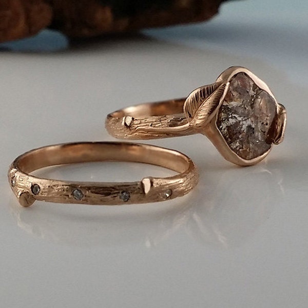 Raw Diamond Twig Engagement Ring, Bridal Set in 14k Rose Gold Diamond Slice with Leaves, Bridal Set, by Dawn V