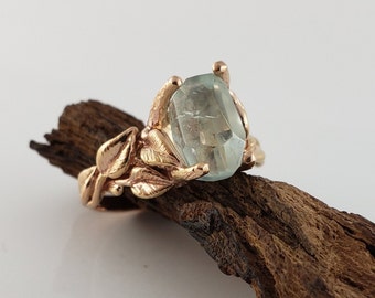 Large Hand Cut Aquamarine Engagement Ring in  18k Rose Gold, Twig and Leaf Handmade Gemstone Ring, Opal or Sapphire Anniversary Ring