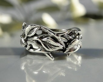 Sterling Silver Leaf and Twig Band Ring, Tree Branch Ring, Leaf Ring, Unisex Jewelry by DV Jewelry Designs
