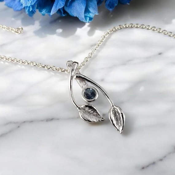 14k Gold Two Leaf & Twig Gemstone Necklace - Blue Sapphire Pendant by DV Jewelry Designs