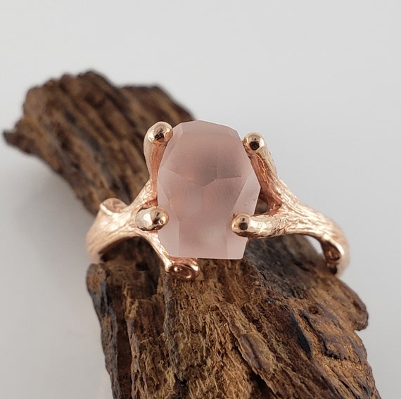 Hand-Cut Matte Finish Morganite Twig Engagement Ring, 14k Rose Gold Gemstone Solitaire Ring, Engagement Ring by DV Designs