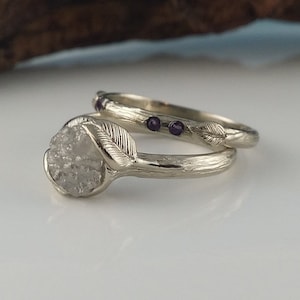 Leaf and Twig Rough Diamond Engagement Ring Set with 4 Gemstones, Wedding Ring Set, White Silvery Unique Wedding Ring by Dawn Vertrees