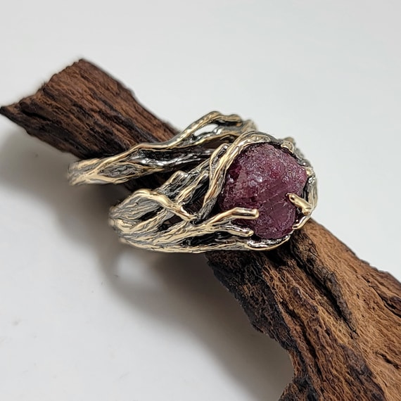 Hand-sculpted Winza Ruby Branch Twig Engagement Ring 14k Yellow Gold