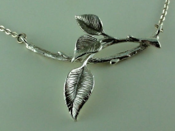 Sterling Silver Tree Branch Pendant, Nature Jewelry Leaf and Twig Necklace