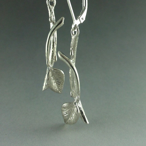 Leaf and Twig Earrings, Sterling Silver Leaf and Twig Dangling Earrings, Tree Branch Earrings, Leaf Earrings, Twig Earrings