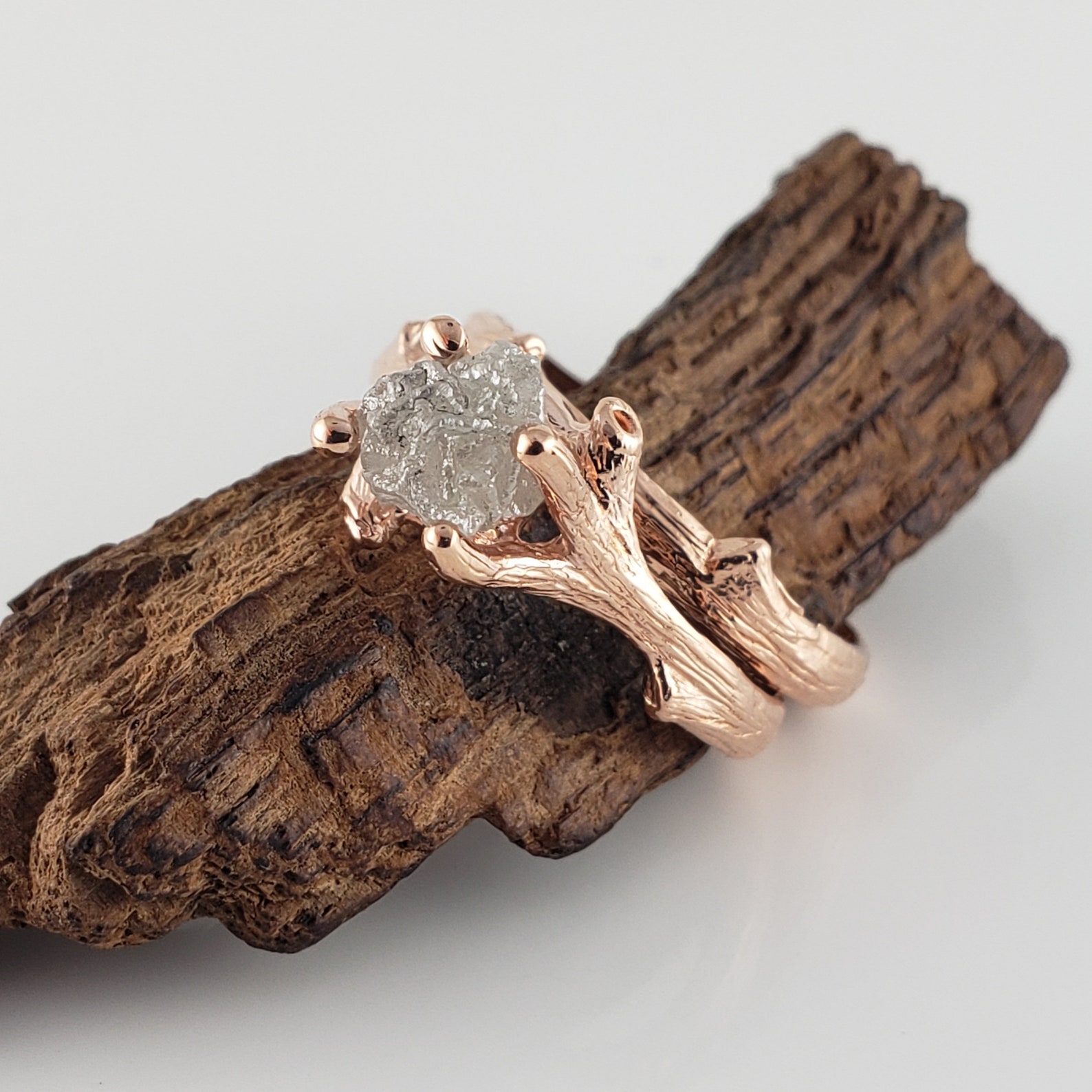 14k Rose Gold Rough Diamond Engagement Ring Twig and Leaf | Etsy