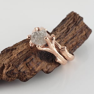 14k Rose Gold Rough Diamond Engagement Ring, Twig and Leaf Engagement Ring, Raw Diamond Ring, Unique Engagement Ring