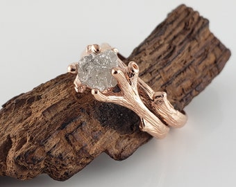 14k Rose Gold Rough Diamond Engagement Ring, Bridal Set,  Twig and Leaf Engagement Ring, Raw Diamond Ring, Unique Engagement Ring
