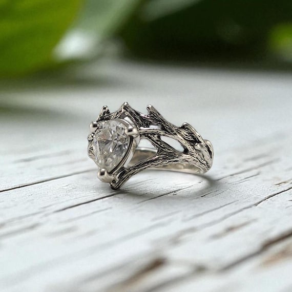 Pear-shaped Moissanite Engagement Ring - Gothic Branch Style Jewelry - Halloween Wedding -Gift - Handmade