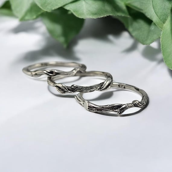 Leaf Twig & Vine Stackable Rings - Sterling Silver Rings Set of 3