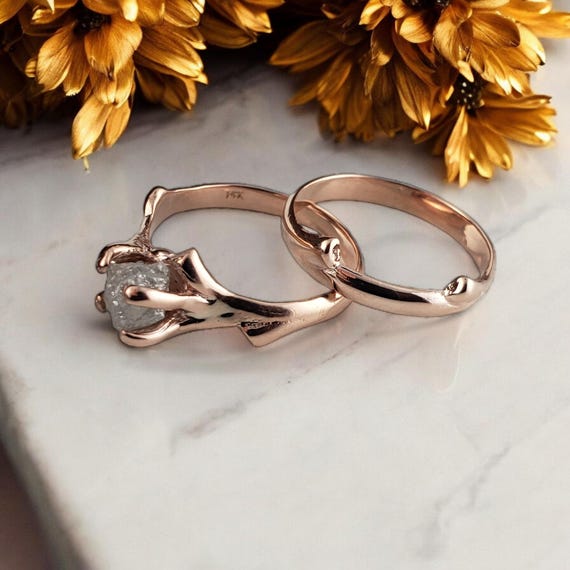Unique Rough Diamond Twig Engagement Ring in Solid Gold Bridal Set by DV Jewelry