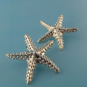 May include: Two silver starfish earrings with a textured surface.