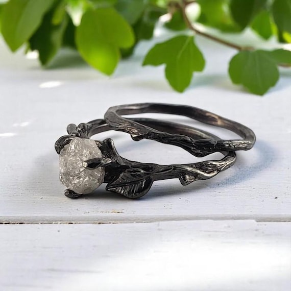 Raw Diamond Ring in 14k Solid Yellow Gold with Black Ruthenium – Artisan-Crafted Engagement Ring, Memorable Love Gift by DV Jewelry Designs