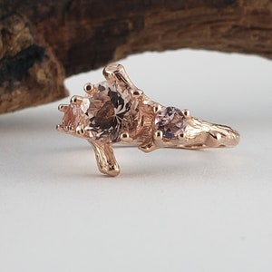 3 Stone Pink Morganite Ring Morganite Ring Set Morganite Rings Gold Engagement Ring Diamond Ring Twig Ring image 5