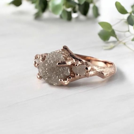 Raw Diamond Cluster Solid Gold Branch Style Engagement Ring