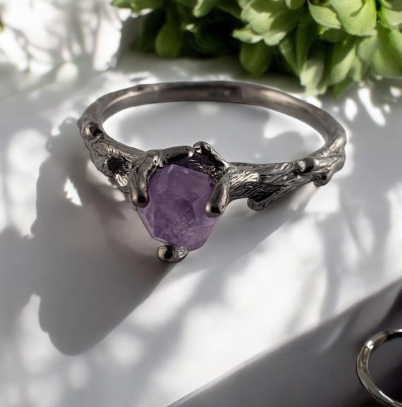 Petite Hand-cut Amethyst Gemstone, 14k Yellow Gold Finished in Black Ruthenium, Twig Ring - Raw Gemstone Jewelry Ring by DV Jewelry