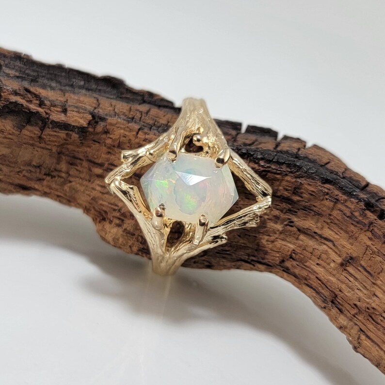 Ethiopian Hexagon Opal Twig and Branch Engagement Ring in Solid Yellow Gold, by DV Jewelry Designs image 6