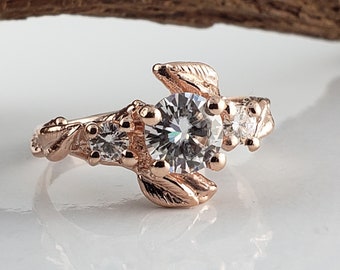 Three Moissanite Leaf & Twig Engagement Ring in Solid Gold - by DV Designs