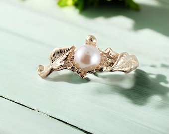 Pearl Ring, Akoya Pearl, Leaf and Twig Engagement Ring With - Main Image