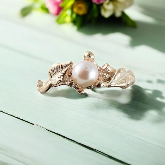 June Birthstone - Leaf and Twig Engagement Ring with Akoya Pearl, Engagement Ring, Anniversary Gift by DV Jewelry Designs
