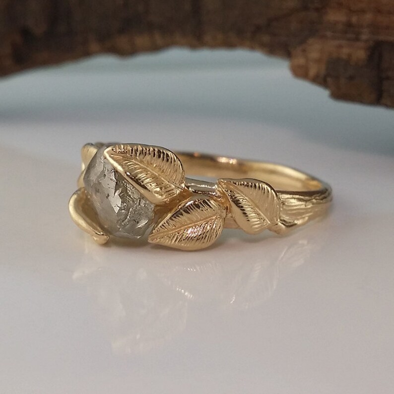 Leaf Engagement Ring 14K Yellow Gold Rough Diamond Etsy