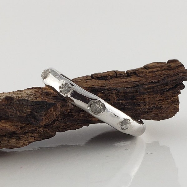 14k White Gold Ring with 5 Raw Rough Uncut Diamonds, Wedding Band, Anniversary Gift, by Dawn Vertrees