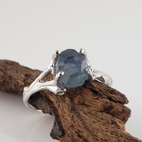 Montana Sapphire Twig Engagement Ring, Hand-cut Gemstone Solitaire, Anniversary Ring by DV Jewelry Designs