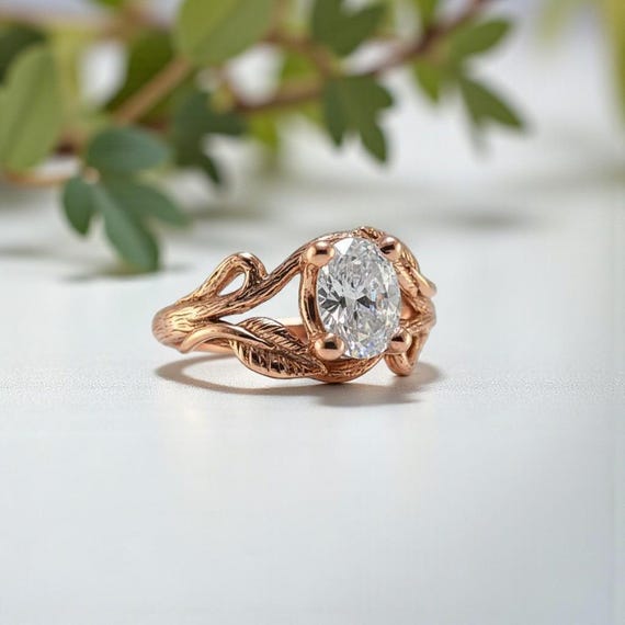 1.5ct Oval Moissanite Twig Engagement Ring – Handmade Nature-Inspired Branch & Leaf Design