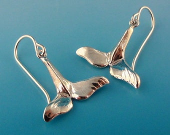 Whale Tail Earrings in Sterling Silver, Sealife Designs, Beach Jewelry, Whale Tail Earrings, Dangling Earrings, Silver Dangling Earrings