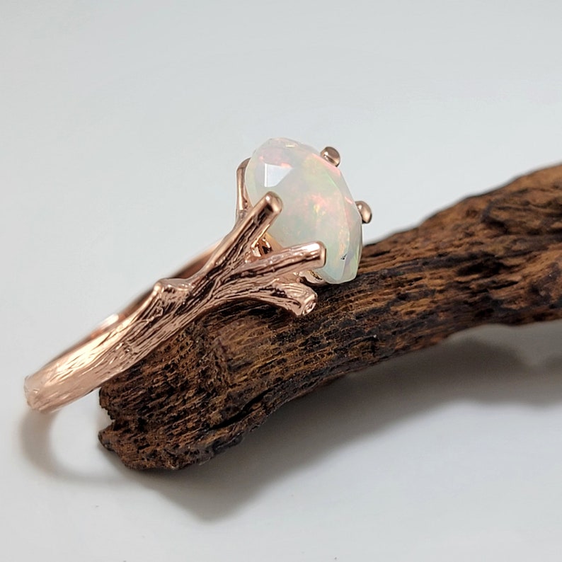 Ethiopian Rose Cut Opal Twig Engagement Ring in 14k Rose Gold Branch and Twig Ring Setting Anniversary Ring Wedding Ring image 8